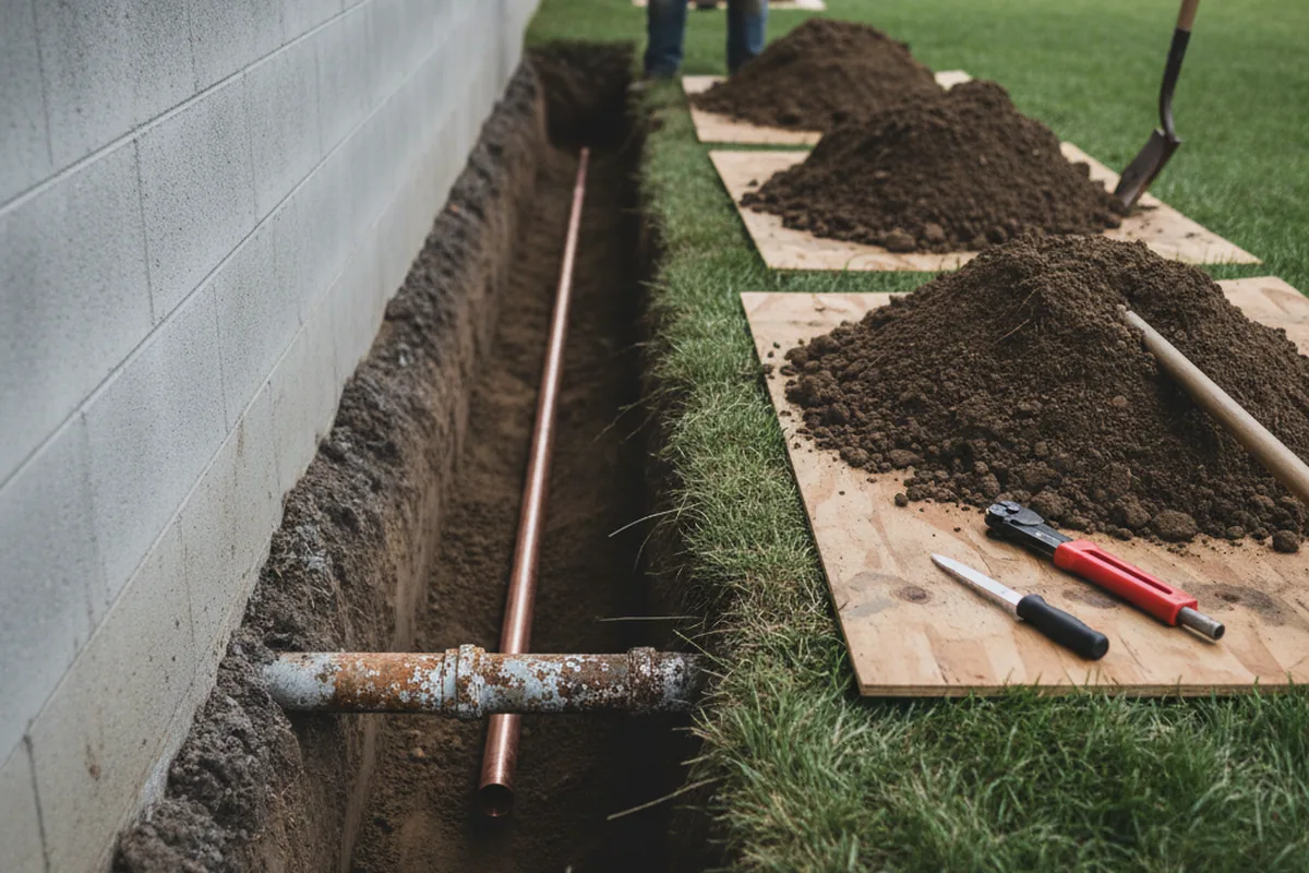Excavated water line trench during Water Heater Repair in Ticonderoga